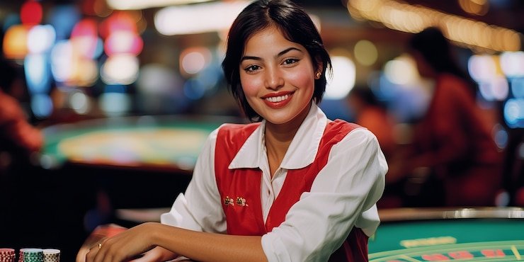 Live dealer table interface showing baccarat game and player cards